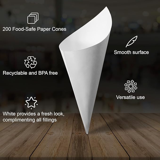 MONTX® 200-Pack Disposable Food Cones | 7" or 6" | White Food-Safe Paper Charcuterie Cones for Appetizers, Popcorn, Snacks, Confetti | Eco-Friendly Alternative to Wood Cones (6 Inch)