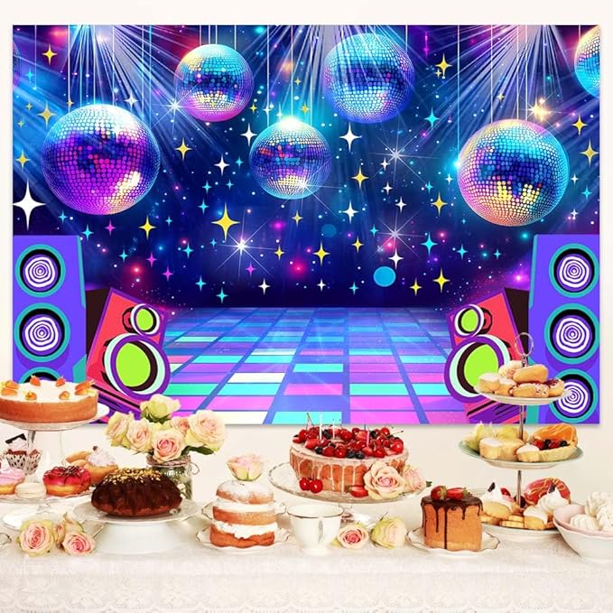Dance Party Backdrop Retro 80s 90s Theme Stage Dance Ball Music Birthday Party Decoration DJ Photography Background 10 x 8 ft for Baby Shower Picture Photo Shoot Polyester Fabric,Multi1