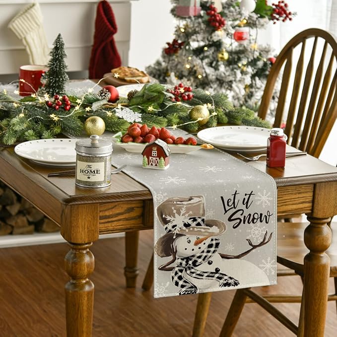 Artoid Mode Grey Snowman Snowflake Let it Snow Christmas Table Runner, Seasonal Winter Kitchen Dining Table Decor for Home Party Indoor 13x48 Inch