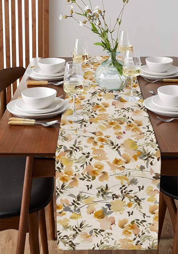 Vintage Orange Flower Cotton Linen Table Runner for Dining Kitchen, Wedding Outdoor Party Tablerunners Decoration, Farmhouse Botanical Floral Retro Dresser Scarf Coffee Tablecloth Runners 13x36 Inches