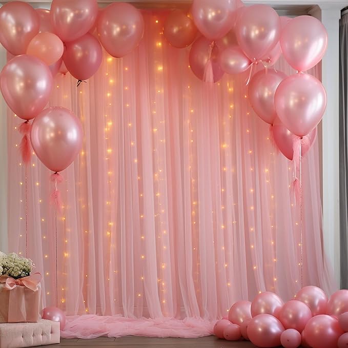 30×10ft Dusty Rose Tulle Backdrop Curtain with Lights String for Parties, Sheer Photo Backdrop Curtains for Wedding Party Photography Background