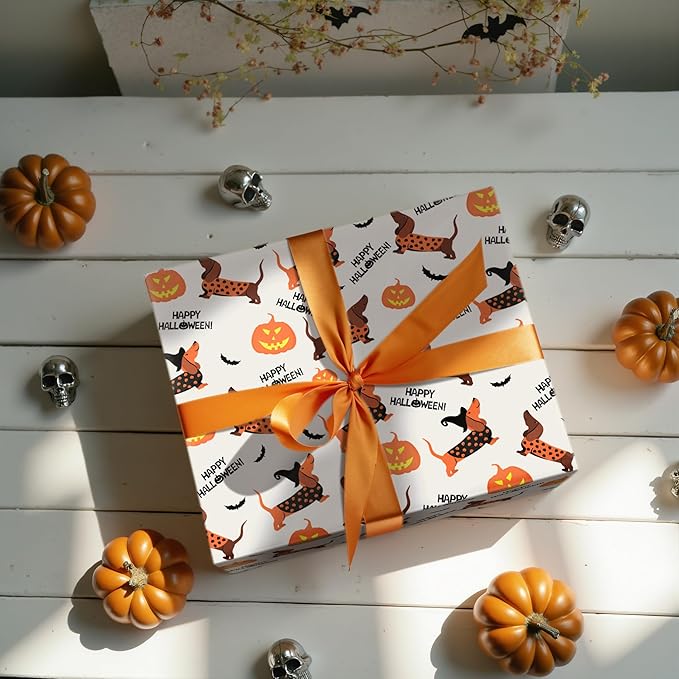 LeZakaa Halloween Dachshund Wrapping Paper Roll, Cute Dachshund Dogs with Pumpkins Bats for Pet Lovers, Kids, Family, Party, Trick-or-Treat Presents, Mini Roll 17 in x 16.4 Ft