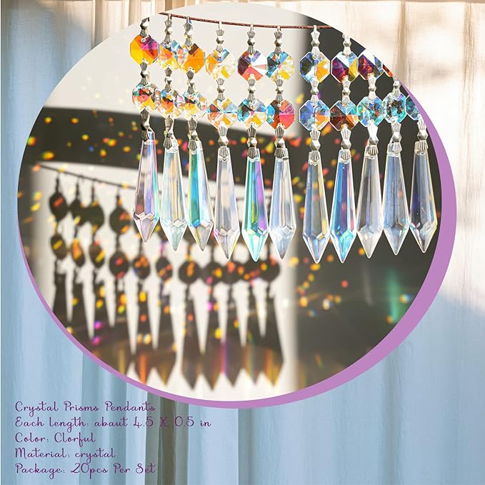 20pcs 55mm Chandelier Icicle Crystal Prism Suncatcher,Chandelier Crystals Replacement,Crystals for Chandeliers with Hooks for Windows Wedding Lamp Decoration(AB Colors)