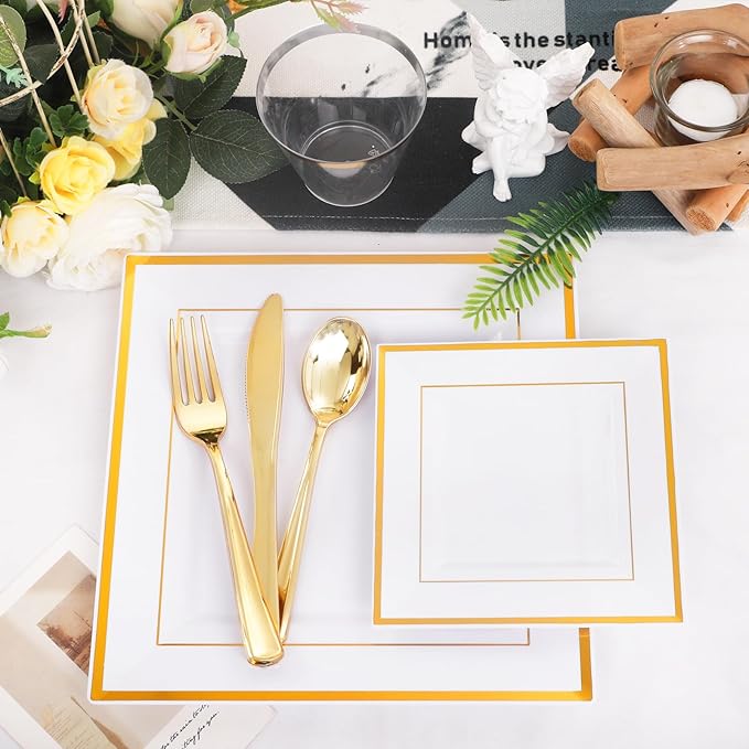 Festiva 350Pcs Gold Plastic Plates - Disposable Square Gold Plates Dinnerware set include 9.5"/6" Plates,Cups,Plastic Cutlery,Hand Napkins Perfect for 50 guests Party&Wedding&Birthday