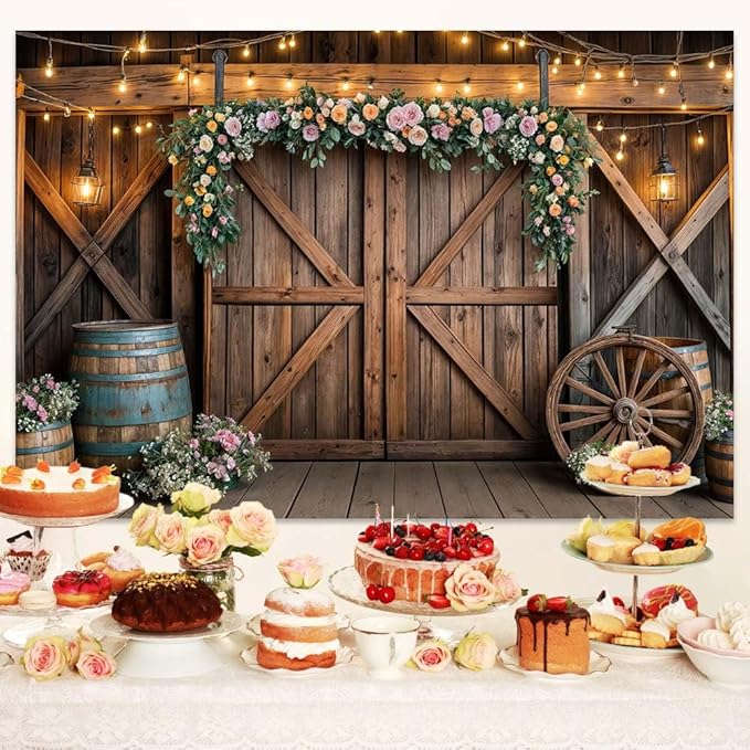 8x6ft Country Wedding Photography Backdrop Rustic Barn Door Photography Backdrop Farmhouse Pink Flower Cabin Wooden Birthday Baby Shower Wedding Bridal Party Banner Photo Booth Props Background