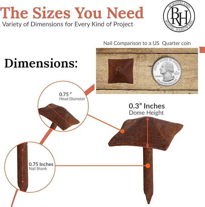 25 Pack 0.75" Square Head Iron Clavos Decorative Nails – Rusted – Handmade Rustic Square Fasteners for Farmhouse Shutters, Faux Wood Beams, Barn Doors, Shutters, and Gates – Ornamental Wood Accent