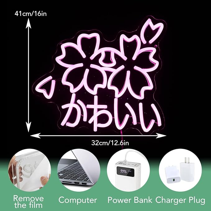 Kawaii かわいいLed Neon Light Sign Japanese Cherry Blossoms Light Up Wall Decor Sign Girls' Room Decoration Birthday Party Christmas Neon Sakura Light (Pink)
