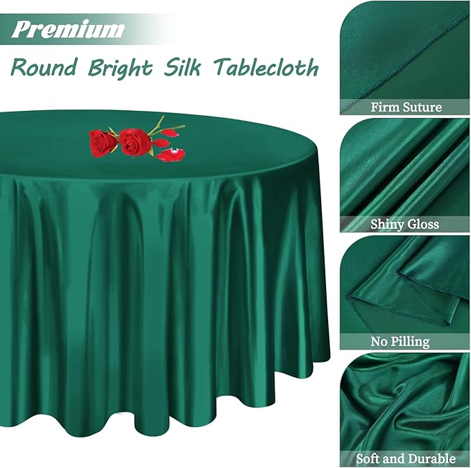 12 Pack 108 Inch Hunter Green Satin Tablecloth - Silky Round Tablecloth Overlay Smooth Fabric Table Cover, Bright Table Decoration for Wedding Party Banquet Events Restaurant Kitchen Dining