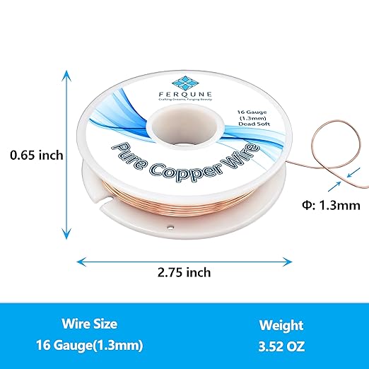 16 Gauge Pure Copper Wire for Jewelry Making, Crafts, DIY Making, and Gardening, 99.9% Solid Bare Copper Wire, 0.22LB, 50Feet