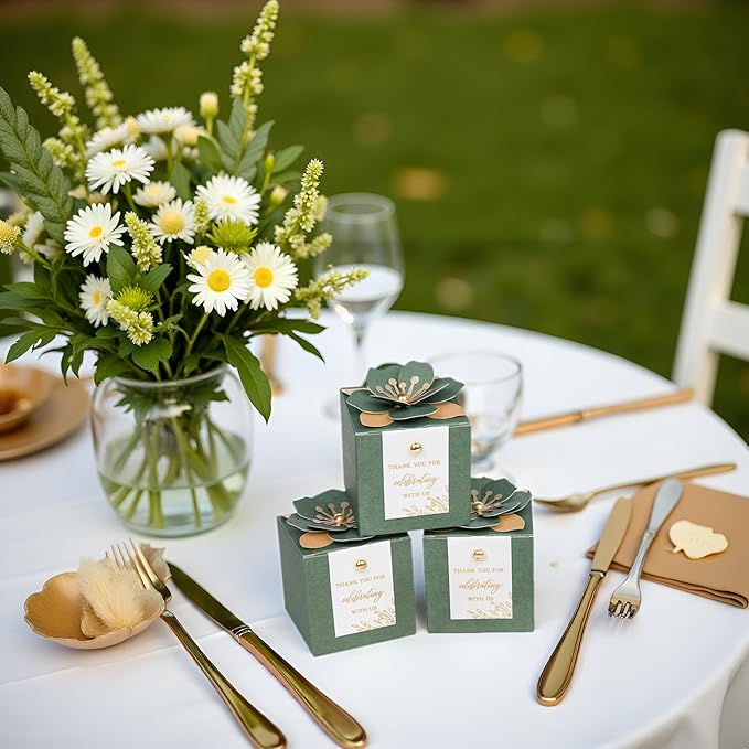 FEIYI 20 PCS Favor Boxes, 3 In 1 Olive Green Candy Boxes with Floral Decor, White Thank You Tags Gold Foil Print Gift wrapping for Wedding, Baby Shower, Birthday, Decorations Party - 2.55x2.55x2.55
