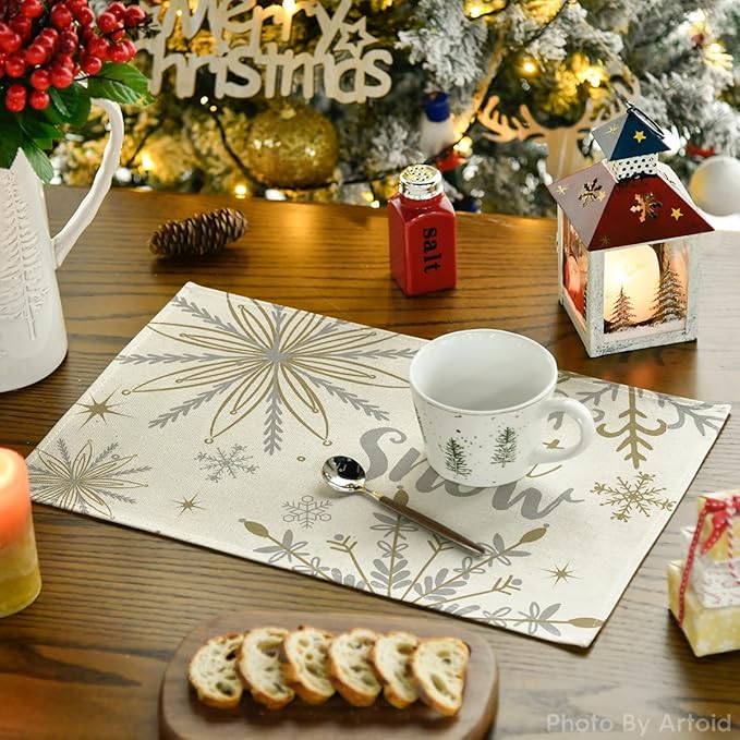 Artoid Mode Beige Snowflake Let It Snow Winter Placemats Set of 12, 12x18 Inch Seasonal Christmas Table Mats for Party Kitchen Dining Decoration