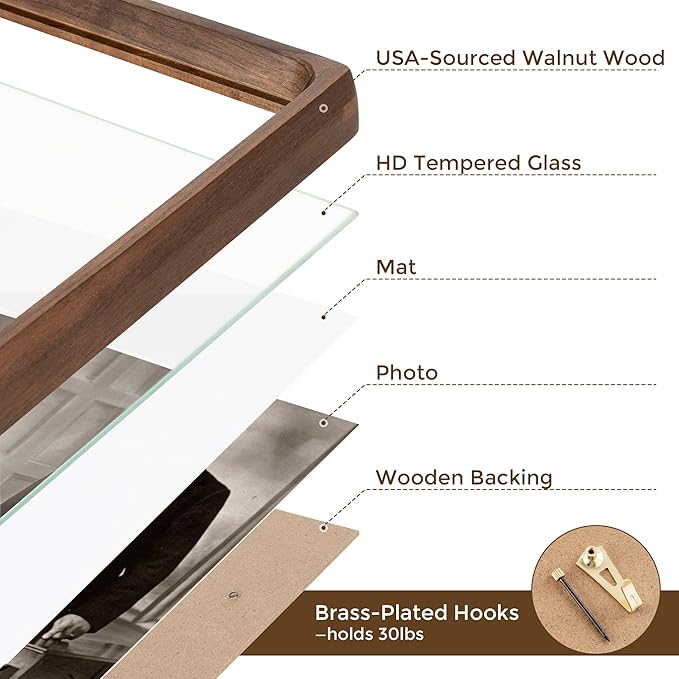 16x20 Frames USA-Sourced Natural Walnut Wood Solid Wood Picture Frame Handcrafted Rounded Corner with Mat to 11x14 Display with Real Glass Family Picture, Wedding Picture