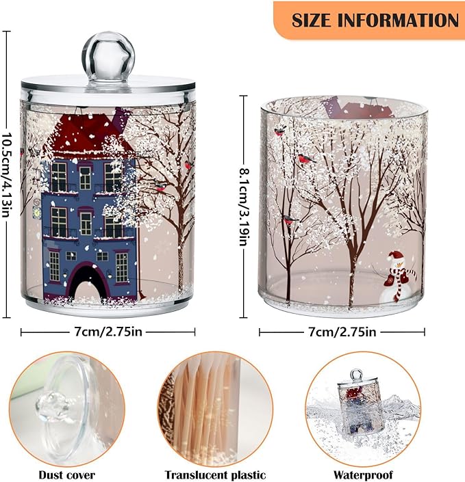 Gredecor Christmas Winter Qtip Holder Dispenser 2 Pack Snowmen Snow Courtyard with Trees Bathroom Decorative Storage Canister Holder Counter Vanity Organizer for Cotton Ball Swabs Pads Floss