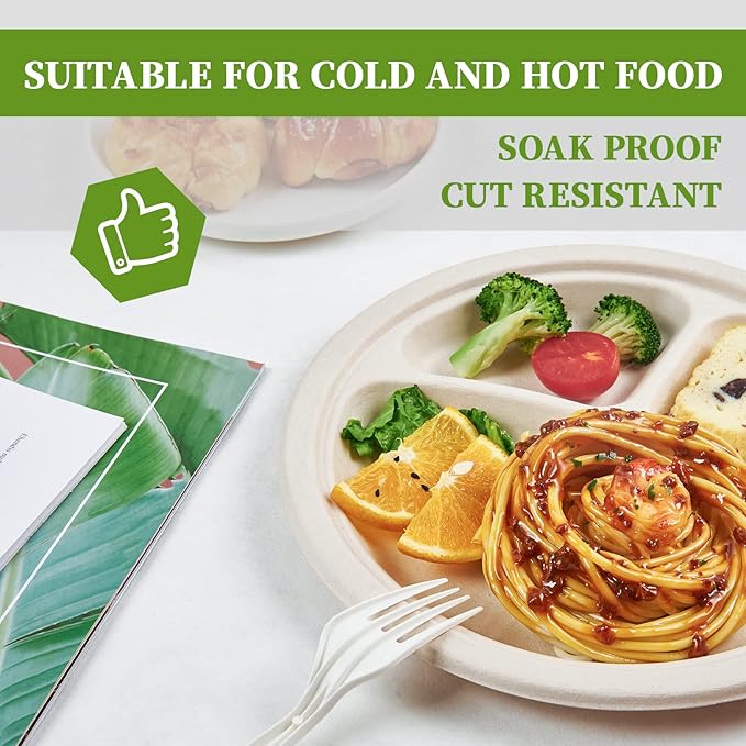 ECOLipak 125 Pack Compostable 3 Compartment Plates, 8.85 inch Heavy-Duty Disposable Paper Plates, Eco-Friendly Biodegradable Sugarcane Bagasse Divided Plate for Dinner