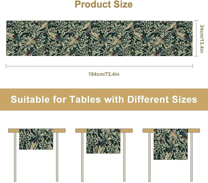 Peacock Table Runner,Retro Floral Plants Peacock Table Runner for Home Kitchen Dining Party Indoor Outdoor Decoration 13x120 Inch