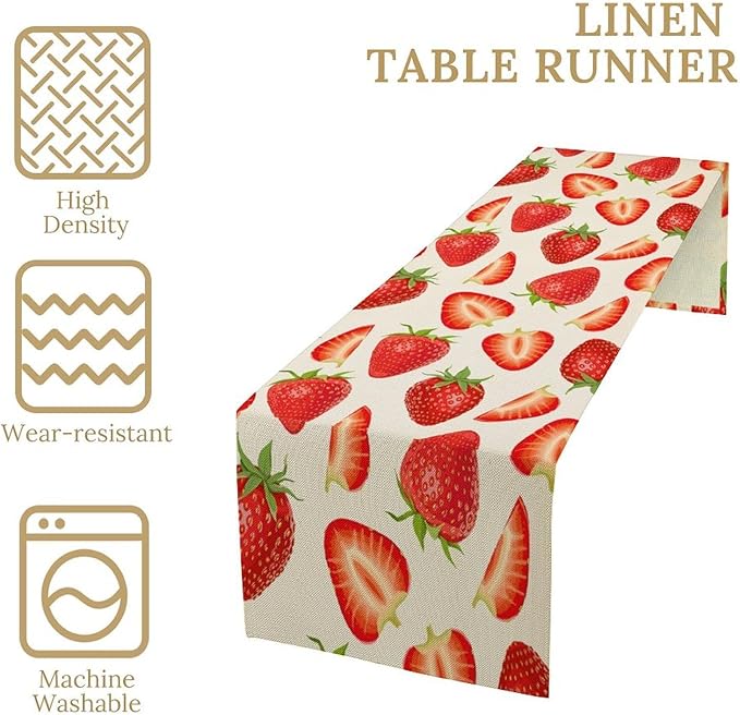 Strawberry Table Runner Spring Summer Wild Berry Fruit Theme Dinner Runner for Girl Baby Shower Party Holiday Home Kitchen Dining Table Decor 13x36