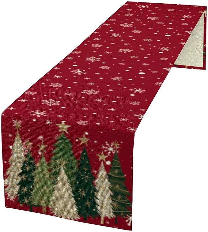 Merry Christmas Table Runner,Red Christmas Tree Snowflake Winter Seasonal Table Cloth Kitchen Dining Table Decoration for Home Party Decor 13x120 Inch