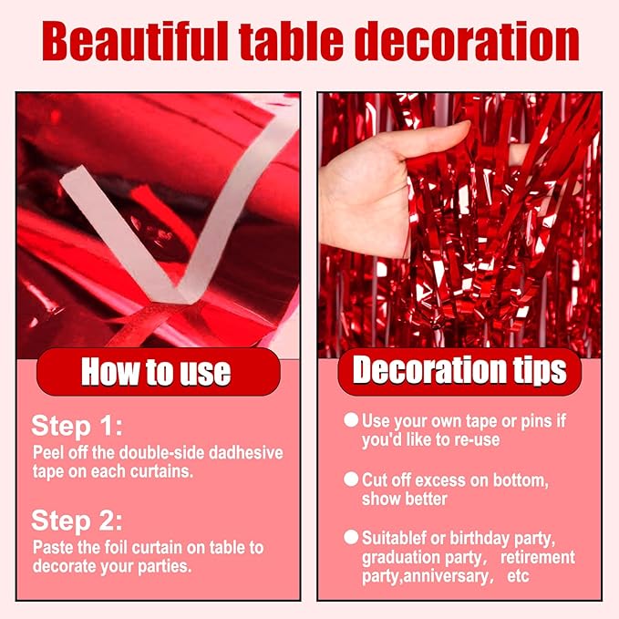 3 Pack 29 x108 Inch Red Foil Fringe Table Skirts Metallic Banner for Tinsel Streamer Garland Backdrop for Parade Floats Wedding Thanksgiving Birthday Christmas Halloween New Year Party Decoration