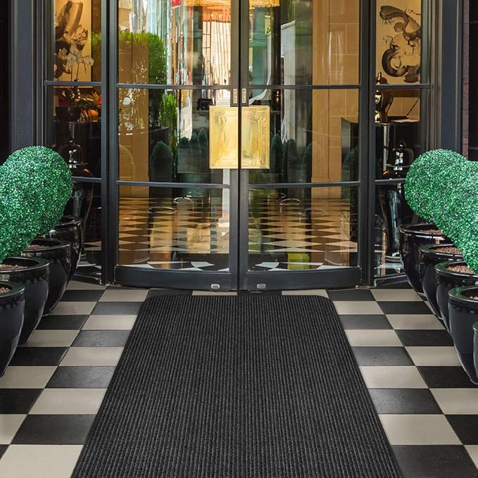 House, Home and More Indoor Outdoor Double-Ribbed Carpet Runner with Skid-Resistant Rubber Backing - Smokey Black - 4 Feet x 20 Feet