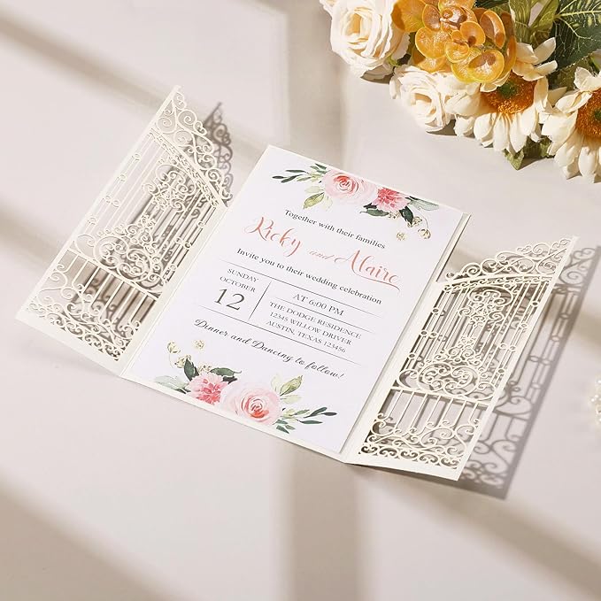 50PCS Gold Glitter Wedding Invitations Laser Cut Invitations with Envelopes and Rsvp Cards Personalized Inserts for Quinceanera Bridal Baby Shower Anniversary Birthday Engagement Fence Fold Design