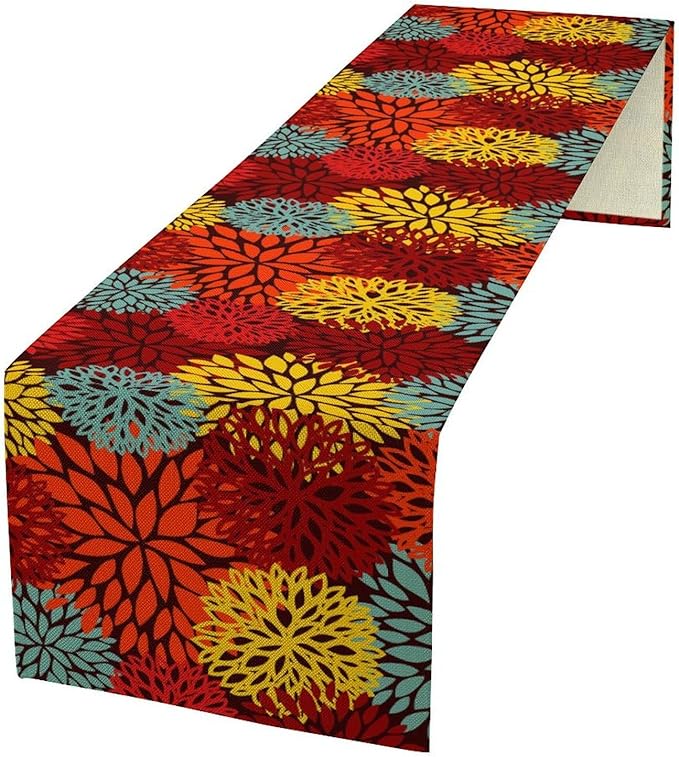 Red Yellow Dahlia Table Runner, Seasonal Autumn Thanksgiving Pattern Print for Home Kitchen Table Decor Dining Coffee Room Party Decor 13x36 Inch