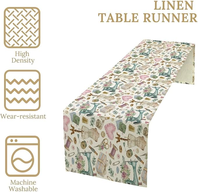 Sewing Theme Table Runner,Vintage Sewing Machine Tool Watercolor Pattern Print Tablecloth Burlap for Hotel Indoors Outdoor Dining Room Kitchen Home Decor,W13X L80 in