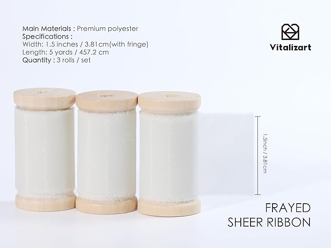 Vitalizart White Organza Ribbon Frayed Sheer Organza 1.5" Silk Like Ribbons for Gift Wrapping Craft Flower Bouquet Wedding Invitations Mesh Fabric Off White Ivory 15 Yards