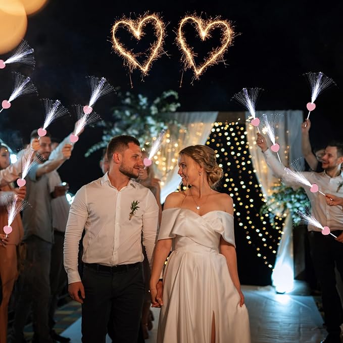 50 Pcs Wedding Sparklers Heart Shaped LED Glow Sticks Fiber Optic Wands Light up Wand with 3 Light Mode for Wedding Bridal Shower Birthday Glow in the Dark Party Supplies (Pink)
