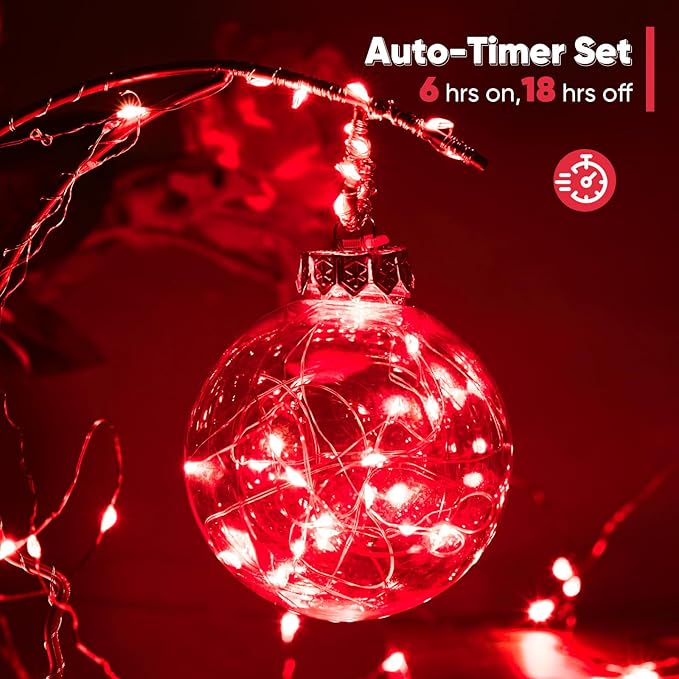 2 Pack 65.6 Ft. Battery Operated Outdoor String Lights with Remote & Timer, LED Red Fairy Lights, Waterproof Twinkle Lights for Bedroom, Dorm, Mason Jar, Wedding, Party, Christmas