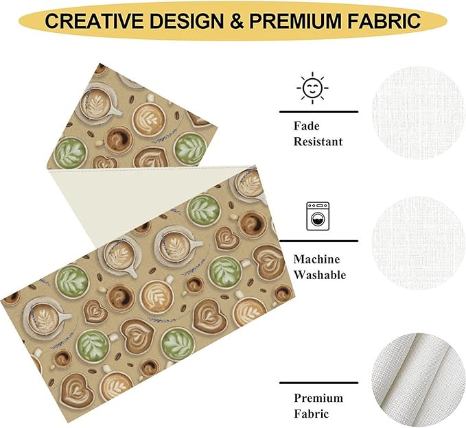 Coffee Theme Table Runner, Farmhouse Retro Brown Coffee Cup Tea Party Rustic Cafe Table Center Decor for Home Kitchen Dining Patio Holiday Party Indoor Outdoor Table Decorations,13"x90" Inch