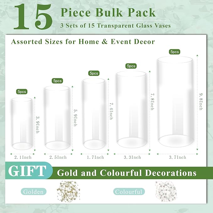 15pcs Clear Glass Vase for Centerpieces, 4,6,7.5,8,10 inch Tall Cylinder Flower Vase Bulk Floating Candle Holder for Wedding Table Home Décor and Party