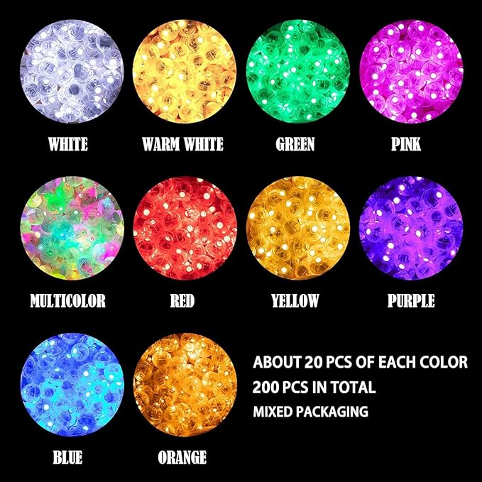 Aogist 200pcs 10-Colors Mini Lights with Hook,Long Standby Time Waterproof LED Balloon Light,Battery Powered,Ball Lamp for Balloon Paper Lantern Birthday Party Christmas Halloween