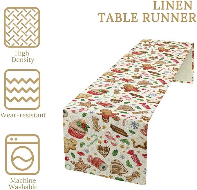 Christmas Table Runner, Christmas Gingerbread New Year Xmas Table Cloth Kitchen Dining Table Decoration for Home Party Decor 13x60 Inch