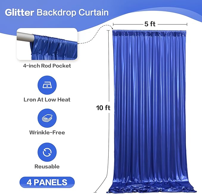 gogoparti 20x10FT Sapphire Blue Sequin Backdrop Curtain - 4 Panels of 5x10FT Wrinkle-Free Glitter Drapes for Photography, Birthdays, Weddings & Graduations