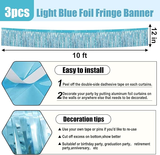 3 Pack 10 Feet Light Blue Metallic Foil Fringe Garland Wall Hanging Tassle Banner, Mother's Day, Easter, Parade Floats, Birthday, Theme Party, Wedding Party Decorations
