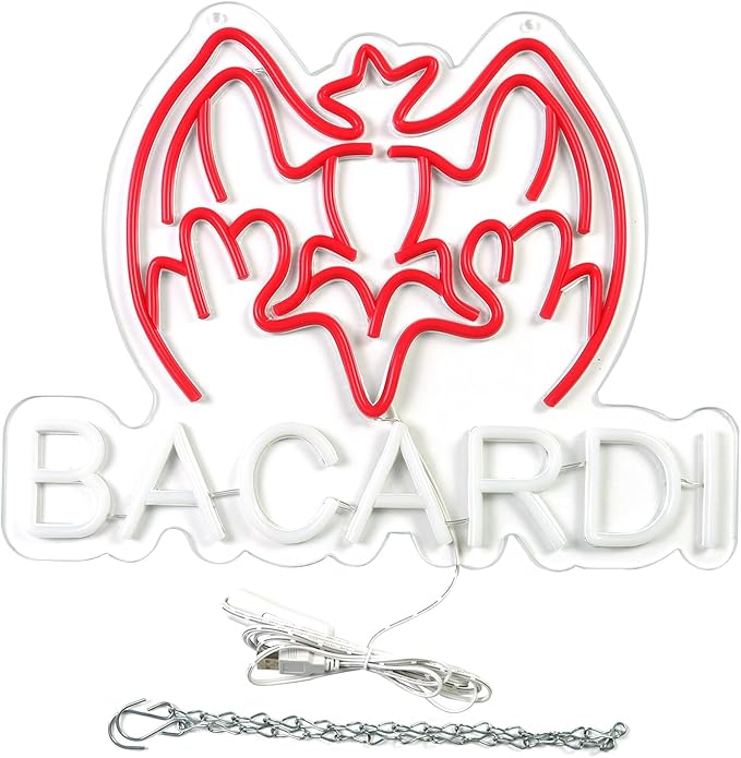 Bacardi Rum neon commercial sign for bar wall decor，USB Powered Decorative Bar Open Sign for Home Bar Store Party Decor，Neon Lights for Man Cave