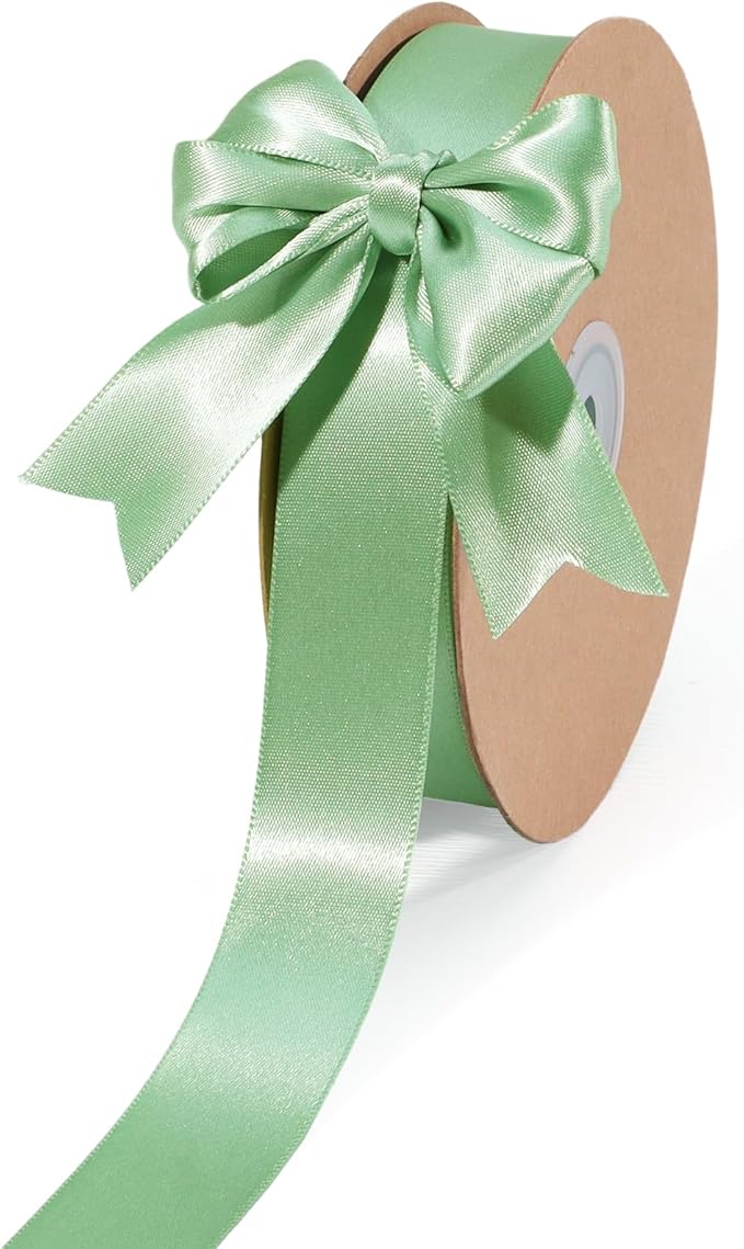 LaRibbons Sage Green Satin Ribbon 1 Inch 50 Yards Luxury Double Faced Green Silk Ribbon for Flower Bouquet Crafts Gift Wrapping Wedding Decoration