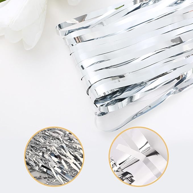 10 Pack Silver Foil Curtain Backdrop 3.2ft x 9.8ft Metallic Tinsel Foil Fringe Curtains Streamer Photo Booth Backdrop for Birthday Party Engagement Bachelorette Party Decorations (Silver)