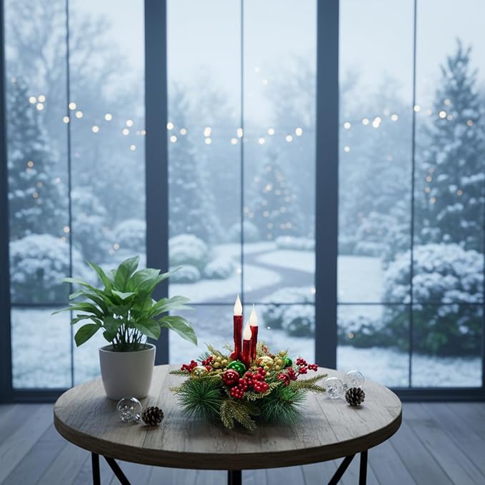 Christmas Floral Arrangement Centerpiece with 3 Flameless LED Candles, Battery Operated Lighted Holiday Table Decoration with Pine, Berries & Ornaments Holiday Winter Decorations