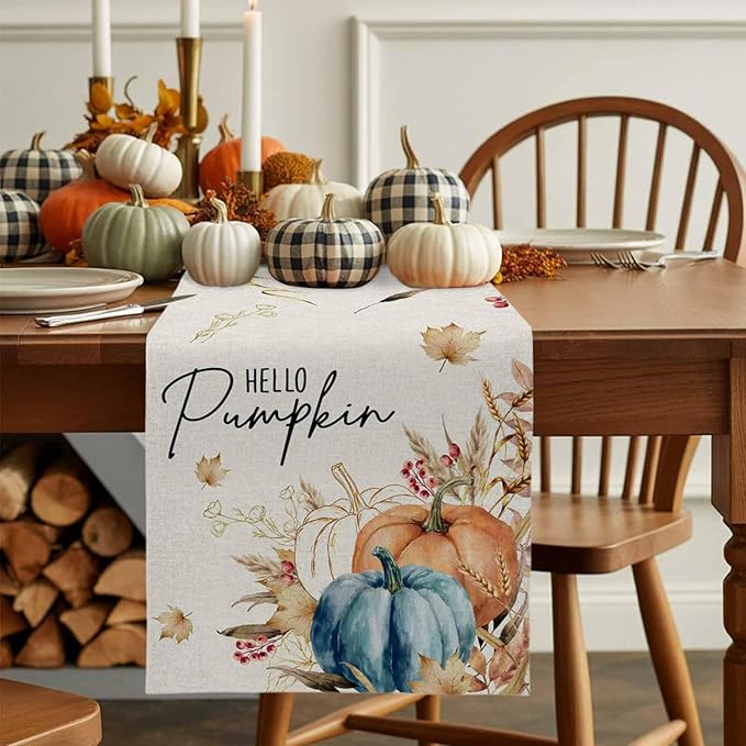 Fall Thanksgiving Cotton Linen Table Runner for Dining Kitchen, Orange Pumpkins Outdoor Party Autumn Tablerunners Decoration, Rustic Wheat Leaves Dresser Scarf Coffee Tablecloth Runners 13x90 Inches