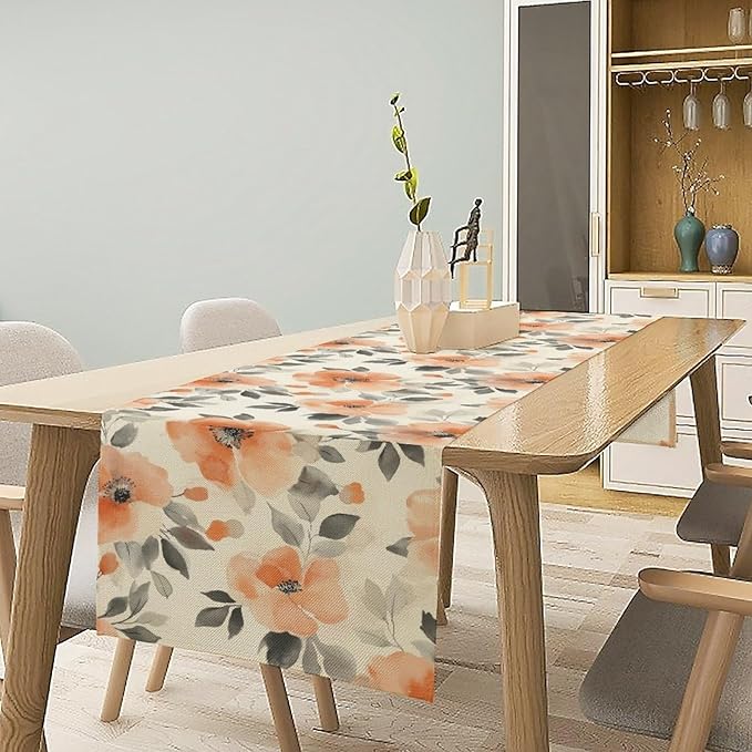 Floral Fall Table Runner, Rustic Watercolor Orange Flowers Seasonal Summer Autumn Table Runner for Kitchen Dinning Table Runner Decor Home Wedding Party Holiday, 13x108 Inch