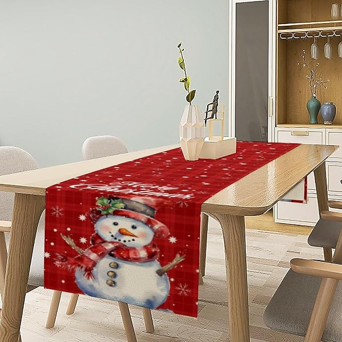 Christmas Table Runner,Christmas Snowman Snowflakes Winter Seasonal Table Cloth Kitchen Dining Table Decoration for Home Party Decor 13x60 Inch