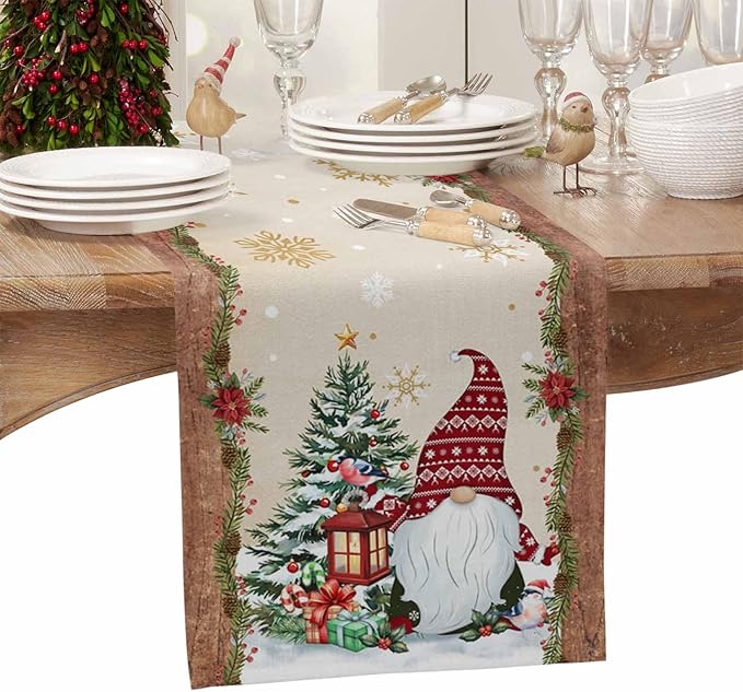 Christmas Gnomes Cotton Linen Table Runner for Dining Kitchen, Xmas Pine Tree Snowflake Rustic Wedding Outdoor Party Tablerunners Decoration, Retro Wood Dresser Scarf Tablecloth Runners 13x70 Inches