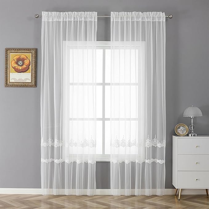 VISIONTEX White Sheer Voile Curtains, Decorative White Embossed European Rod Pocket Window Drapes for Home Kitchen, Living Room and Bedroom 54 x 95 Inch, Set of 2 Curtain Panels