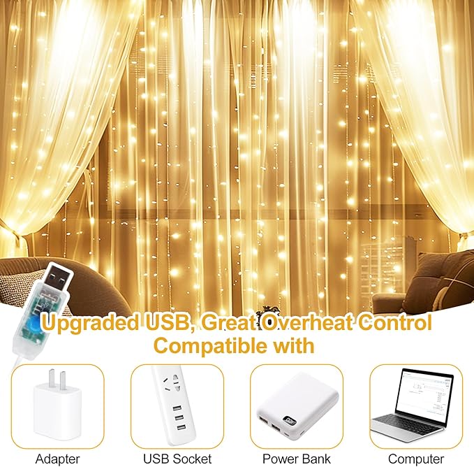2 Pack Fairy Curtain Lights Upgraded Tangle-Free Warm White USB Plug in 8 Modes String Hanging Lights with Remote for Christmas, Bedroom, Indoor, Outdoor, Weddings, Party (6.6FTx6.6FT)