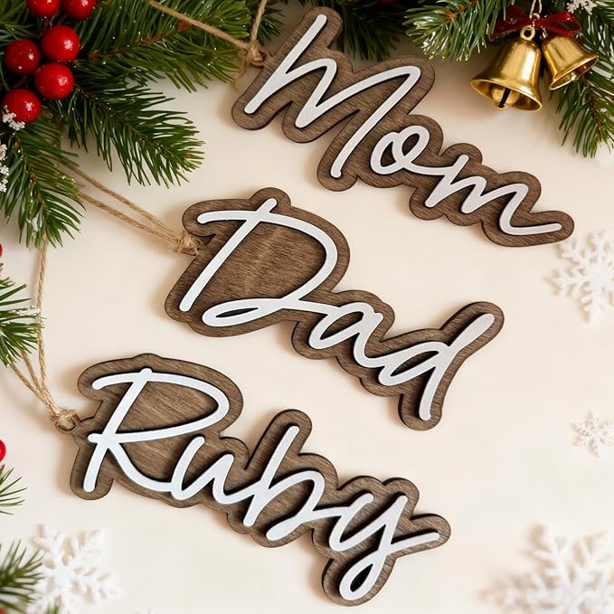 5Pcs Personalized Christmas Stocking Name Tags Custom Wooden Stocking Name Tag Customized Letters Tags Custom Xmas Stockings Hanging Tag Gifts for Christmas Stockings