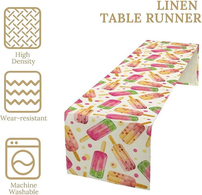 Ice Cream Popsicles Table Runner, Watercolor Summer Seasonal Fruit Peach Kiwi Berry Popsicles Orange Pink Sweet Dessert Dinner Runner for Party Holiday Home Kitchen Dining Table Decor 13"x108"