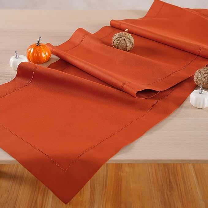 Pumpkin Table Runner 120 Inch–Cotton Linen Hemstitch Farmhouse Table Runner 14x120 – Washable Fabric for Dining, Fall, Halloween, Thanksgiving, Spring, Summer, Wedding, Everyday Décor–Serena