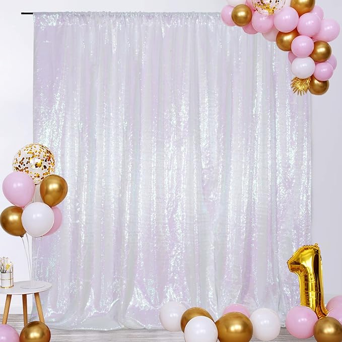 SquarePie Sequin Backdrop Non-Transparent Background Sparkly Curtain for Wedding Party 8FT x 8FT Iridescent