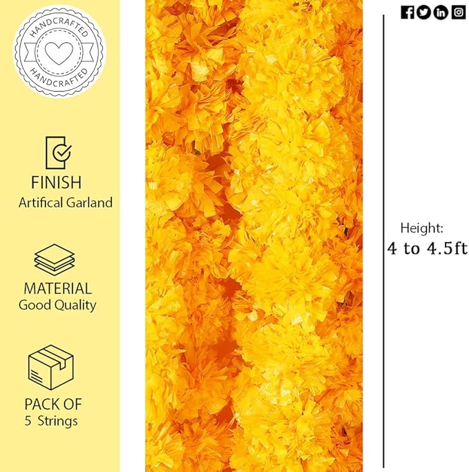 Marigold Garlands for Decorations - Wedding, Halloween, Day of The Dead Pack of 5 - Indian Decor for Pooja, Flower Garland for Decoration (4 to 4.5 Ft) Hashcart®